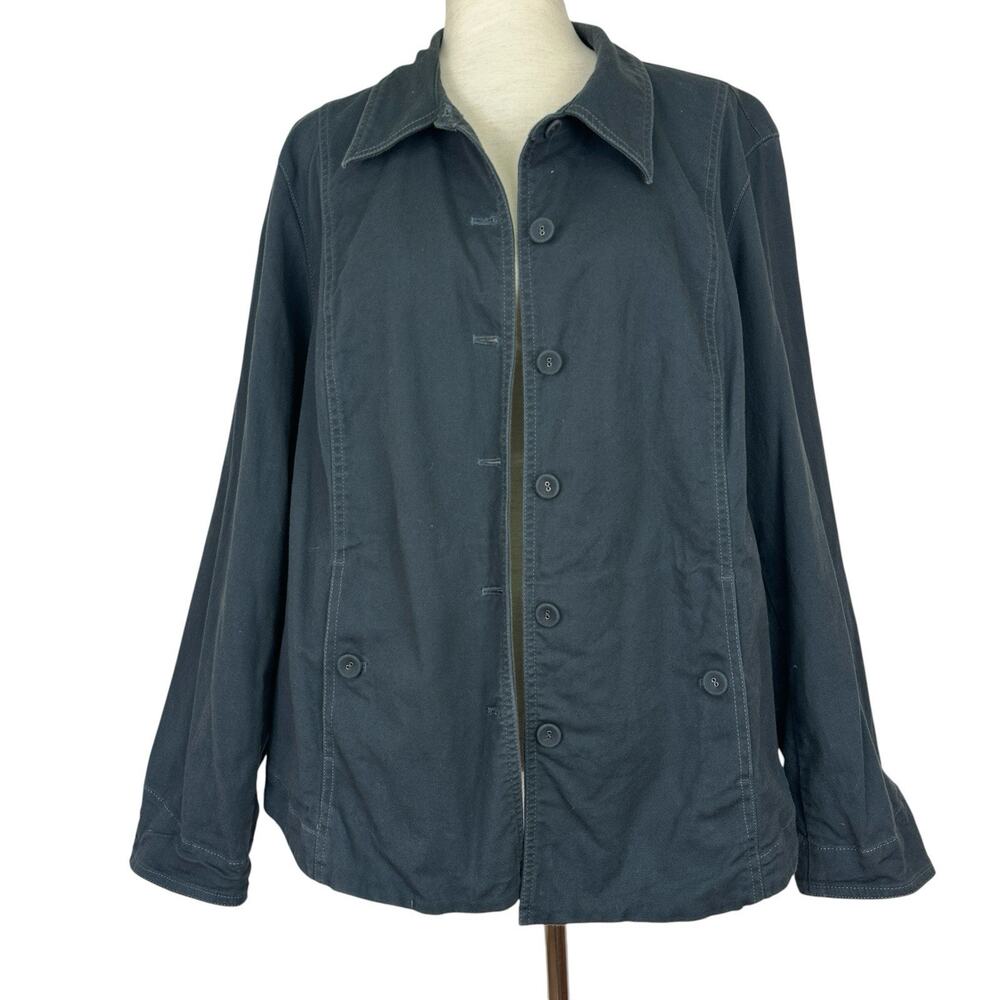 Eileen Fisher Woman Jacket 1X Blue Gray Organic Cotton Canvas Button Front